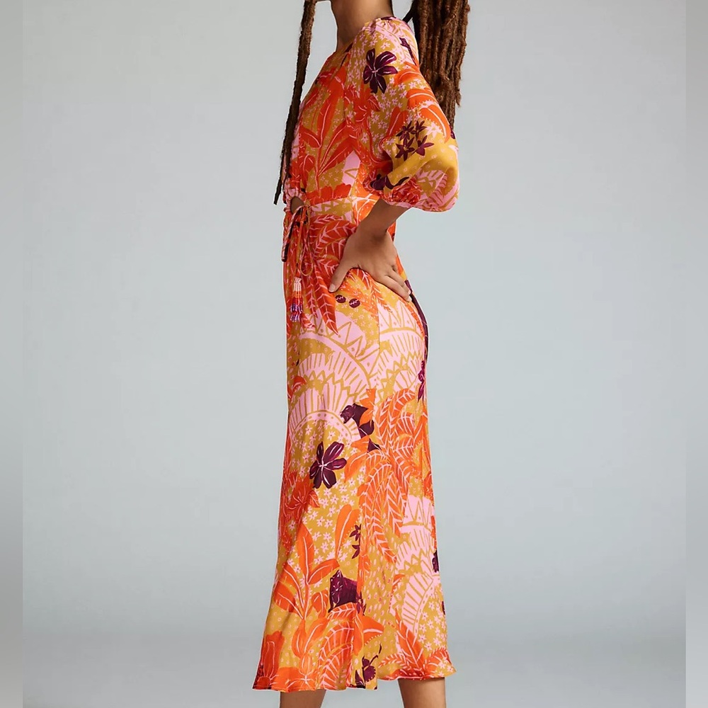 NWT FARM Rio Puff-Sleeve Cutout Slip Dress Midi Women’s XS Jungle Panther - Picture 4 of 11